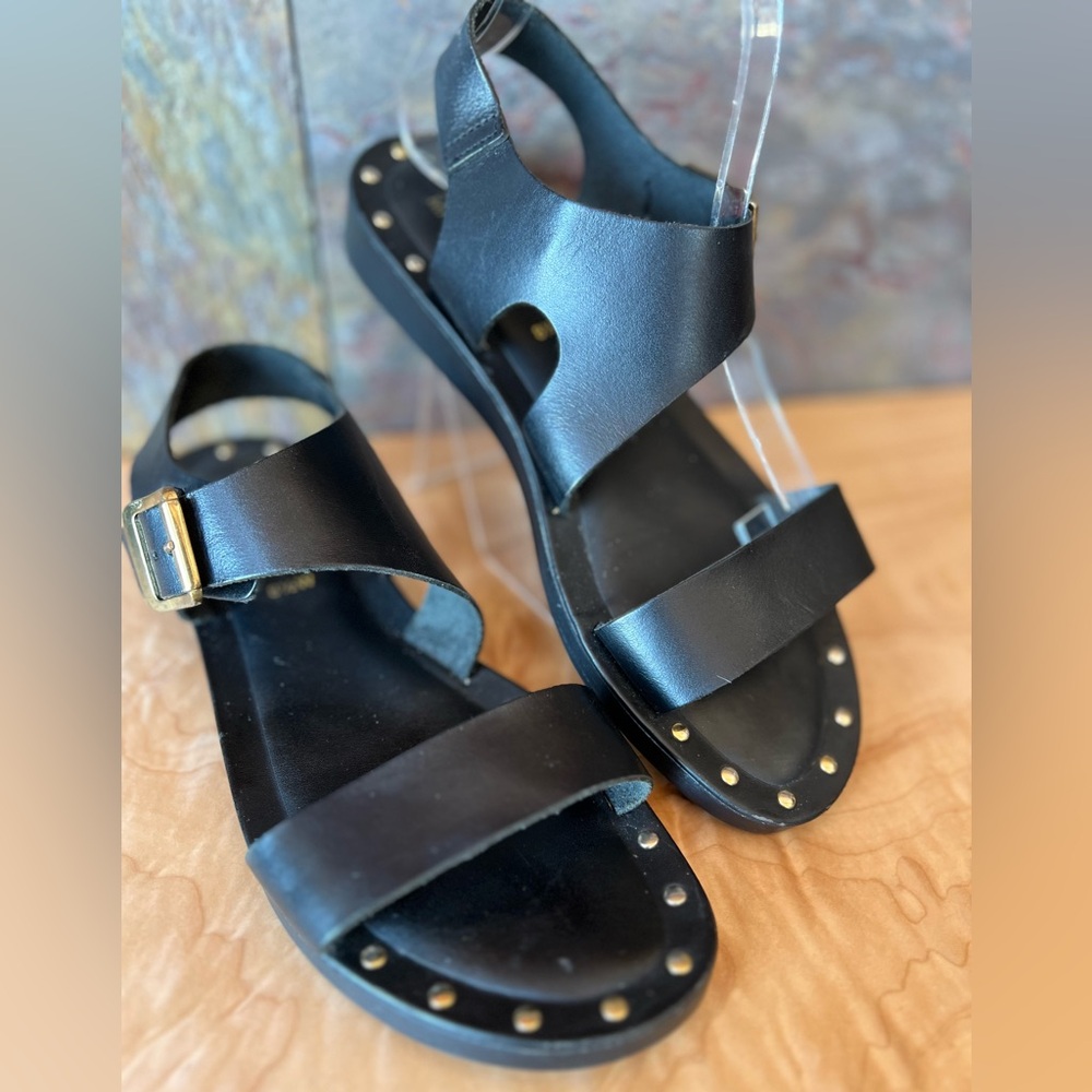 Black Bella-Vita Leather Sandals, goldtone studs, made in Italy,8.5W, like new,